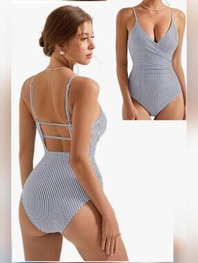 🏖 Black & White Striped Wrap Swimsuit With Strappy Back -  NWT